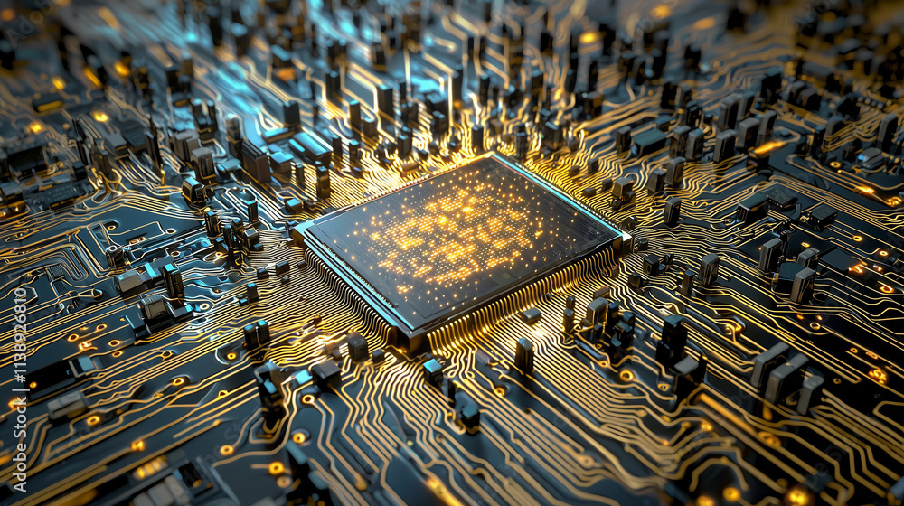 Poster closeup of a gleaming microprocessor, resembling a miniature city, nestled within intricate circuitr