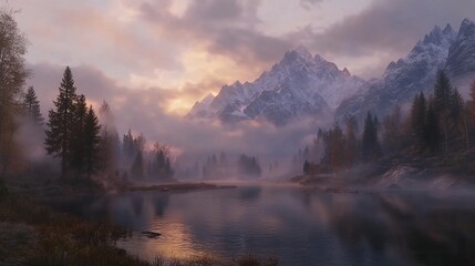 Misty sunrise over a tranquil mountain lake and forest.