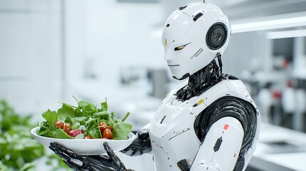 Fototapeta premium A robot serving a bowl of fresh salad in a modern kitchen.