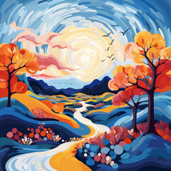 Fototapeta premium Psychedelic landscapes with mountains and river,. 