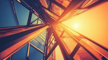 Fototapeta premium Abstract Perspective of Modern Skyscraper with Colorful Light Reflections and Geometric Patterns Captured from Ground Level