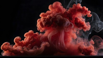 Thick red smoke raising from a table top or a stage floor. 