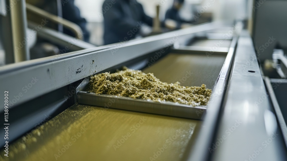 Aufkleber a closeup shot of a biodegradable material being fed into a machine where workers in protective gear
