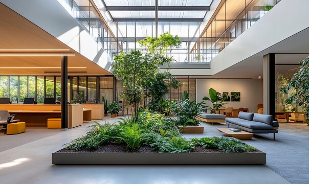 Modern office atrium with lush greenery.