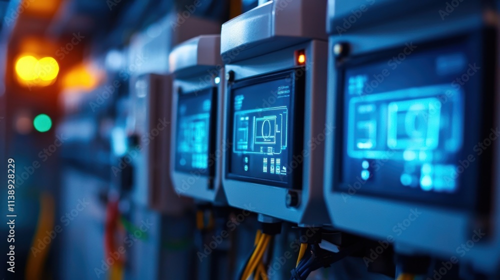 Wall mural Closeup of an array of smart meters with bright screens each transmitting data in realtime showcasing the integration of 5G technology in energy management.