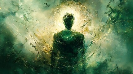 Mystical figure engulfed in swirling, luminous green energy.