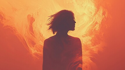 Silhouette of woman in fiery orange abstract background.