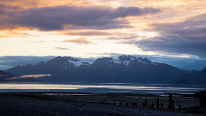 Panoramic view of scenic Port Valdez in Alaska during sunset.