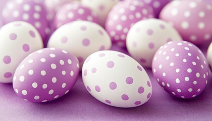 Obraz premium Easter Festive Background. Collection of Violet and White Polka Dot Eggs on Purple Background.