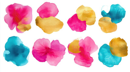 Fototapeta premium A set of abstract watercolor splashes in bold, vibrant shades of turquoise, magenta, and gold. Each splash is cleanly defined and isolated on a pure white background, appearing artistic yet sharp with