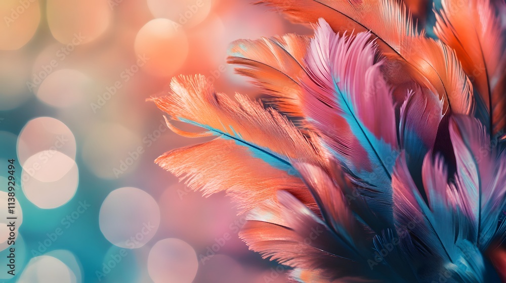 Poster colorful feathers against a soft bokeh background