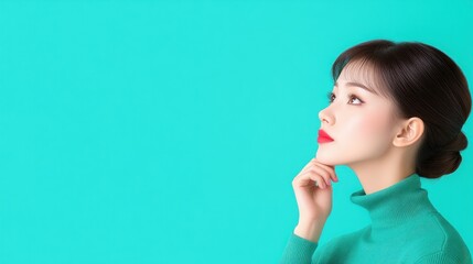 A profile of a woman in a turquoise background, contemplating thoughtfully.