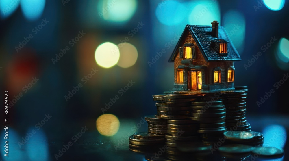 Aufkleber illuminated house model atop a stack of coins against a bokeh backdrop.