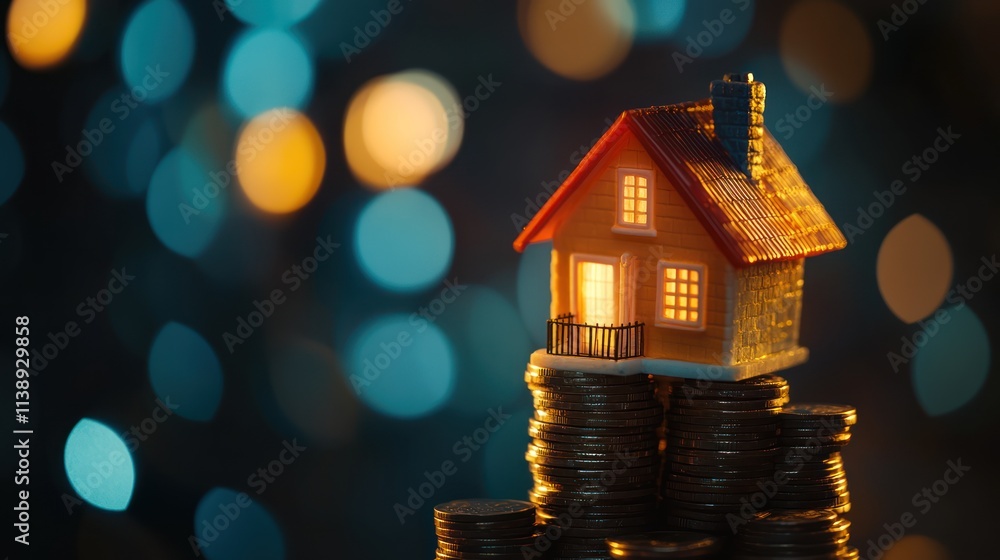 Poster illuminated house model atop a stack of coins against a bokeh background.