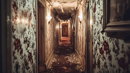 Scary gloomy hotel hallway with flickering lights and peeling wallpaper, spooky, eerie, creepy, dark, corridor. Flicker. Illustration