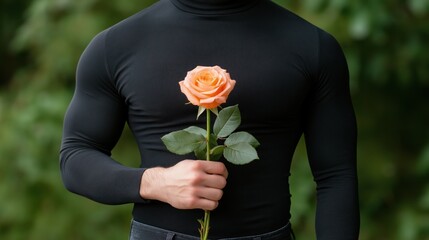 Man in black turtleneck holding peach rose against greenery background