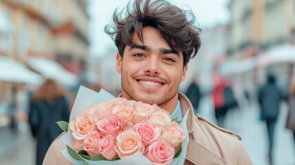 Smiling young man holding pink roses on a bustling city street