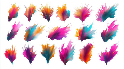 A set of abstract watercolor splashes in bold, vibrant shades of turquoise, magenta, and gold. Each splash is cleanly defined and isolated on a pure white background, appearing artistic yet sharp with