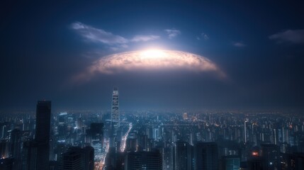 Fototapeta premium Mysterious glowing cloud over city skyline at night