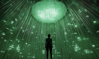 Person silhouetted against glowing green orb and raining light.
