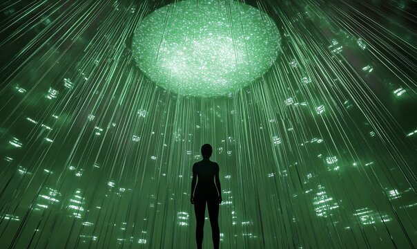 Person silhouetted against glowing green orb and raining light. - Powered by Adobe