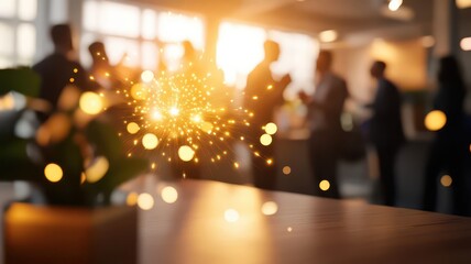 Fototapeta premium A warm, glowing scene of people mingling in a bright space, with soft bokeh effects and a hint of greenery, suggesting a lively social atmosphere.