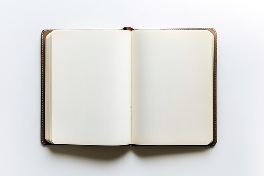 Open blank notebook with pages spread on white background