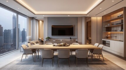 Modern dining room with city view, large table, and built-in shelving.