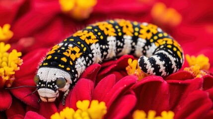 Obraz premium Caterpillar crawling on red flower petals.