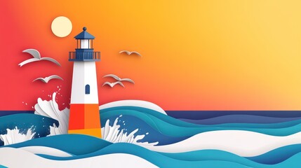 Paper cut lighthouse scene with birds, sun, waves, and sky.