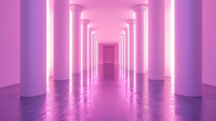 Obraz premium Pink neon lit hallway with columns reflecting on glossy floor.