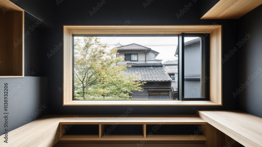 Poster modern minimalist room with built-in wooden bench and window view.
