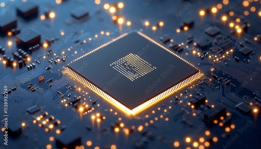 Aufkleber glowing microchip on circuit board technology, innovation, and computing power background