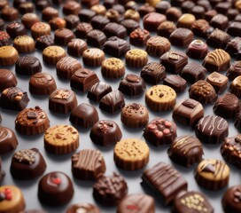 Fototapeta premium A beautiful spread of handcrafted chocolates, various fillings and shapes , food, texture, indulgence