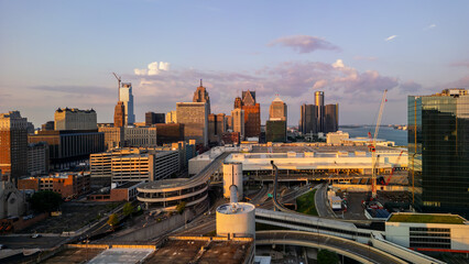 Detroit downtown under evening sunlight. Second biggest metropolitan area in American mid west.