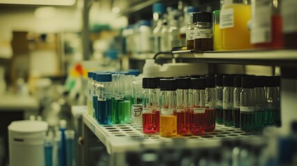 Shelves of colorful liquid vials in a lab setting.