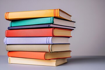 Stack of colorful books on gray background