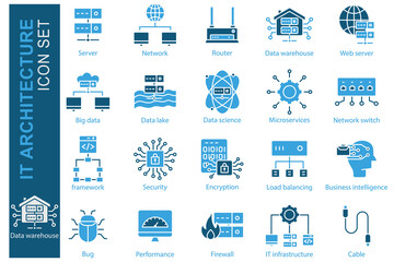 IT architecture icon set. solid icon style. icon related to IT. server, IT infrastructure, data warehouse, and more. technology element vector illustration