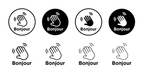 Bonjour text with hand wave icon Black and white outline vector © Kajal