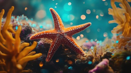 Bright starfish on coral reef, surrounded by blurry bokeh.