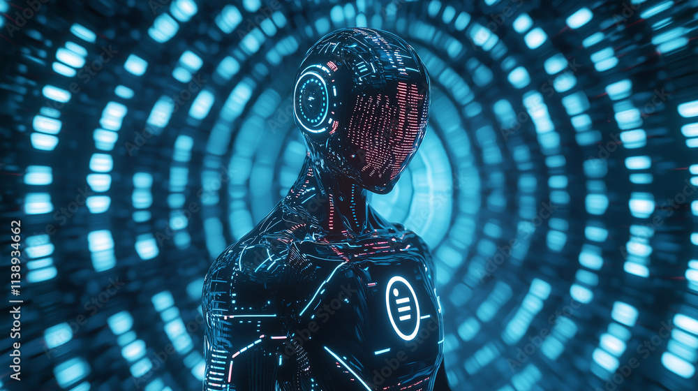 Poster a sleek, black android with red internal circuitry stands in a swirling, blue digital tunnel. futuri