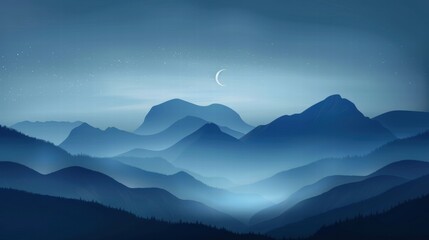 Serene night landscape with crescent moon over misty mountains. (1)
