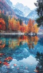 Obraz premium Stunning autumn landscape with colorful trees reflected in a tranquil lake and majestic mountains.
