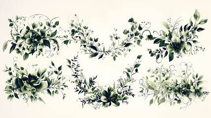 Elegant Greenery Illustrations Featuring Various Botanical Designs and Flourishes for Use in Nature-Inspired Art and Decoration