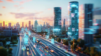 Obraz premium A futuristic cityscape at sunset showcasing smart technology integration. Highways with digital overlays, interconnected skyscrapers displaying data streams