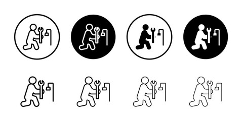 Plumber repairing pipe icon Black and white outline vector