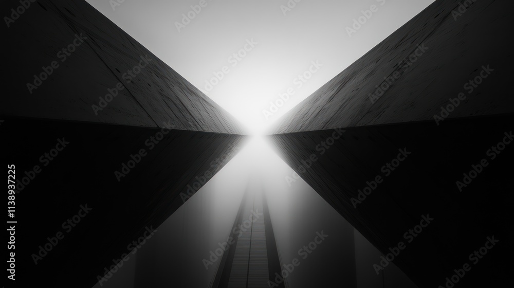 Poster abstract grayscale image of two converging structures, creating a vanishing point effect in a foggy 