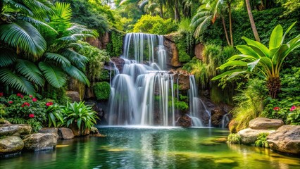 Waterfall in a Tropical Garden, flowing water, lush garden