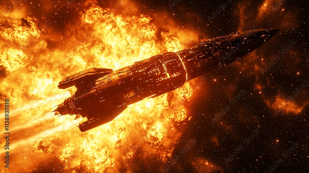Poster burning spaceship in fiery space explosion.