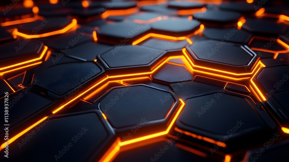 Poster abstract hexagonal grid with orange neon lights